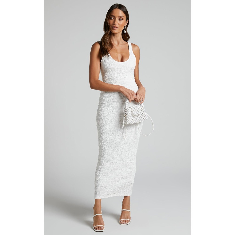 Showpo Dress Women 10 White Bodycon Textured Popcorn Midi Scoop Neck Sleeveless